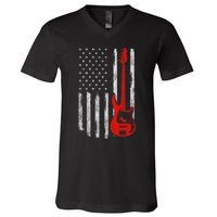 Bassist Usa American Flag Bass Guitar Player Musician V-Neck T-Shirt