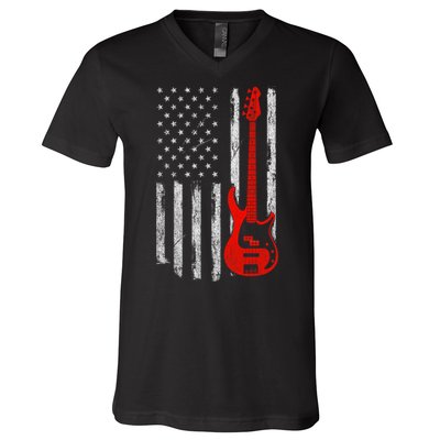 Bassist Usa American Flag Bass Guitar Player Musician V-Neck T-Shirt