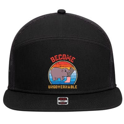 Become Ungovernable Angry Moo Deng Baby Hippo 7 Panel Mesh Trucker Snapback Hat