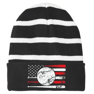 Baseball USA American Flag Vintage Retro Baseball Striped Beanie with Solid Band