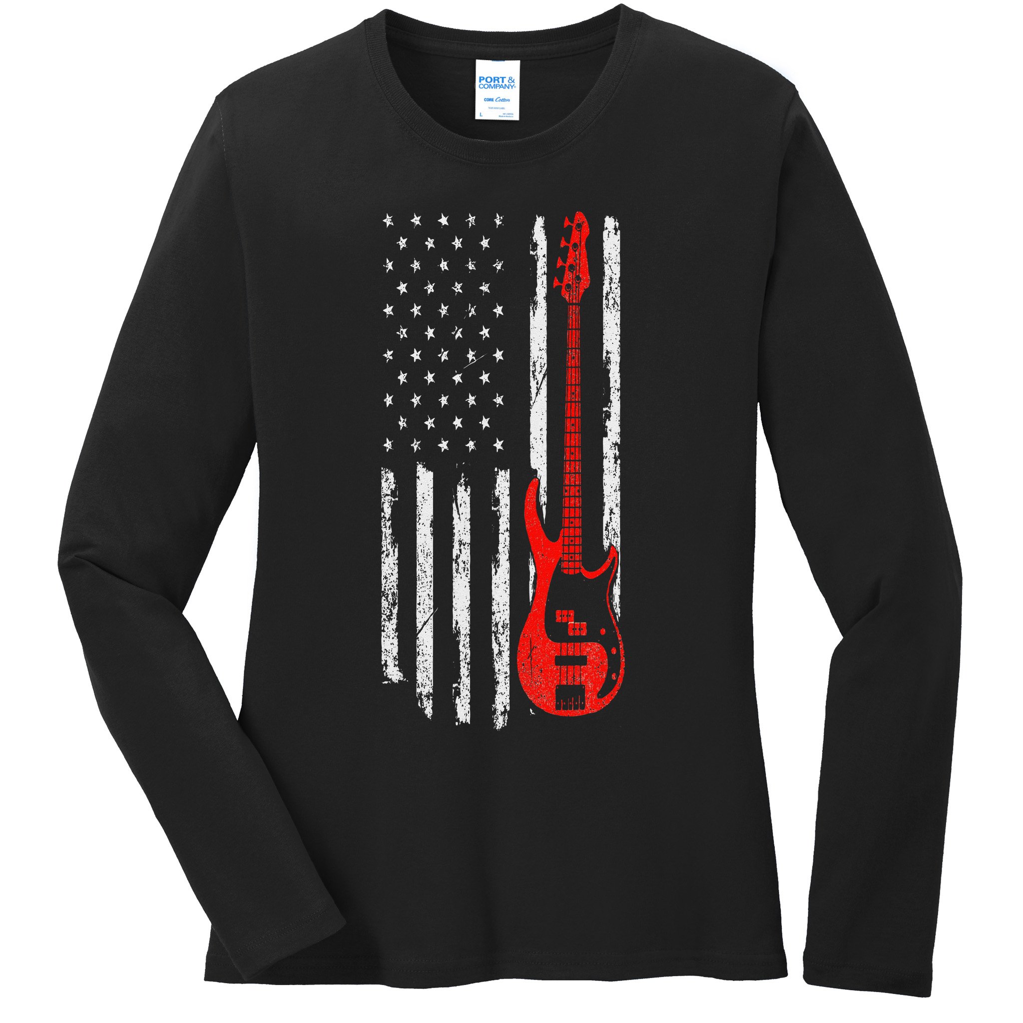 Bassist USA American Flag Bass Guitar Player Musician Ladies Long Sleeve Shirt