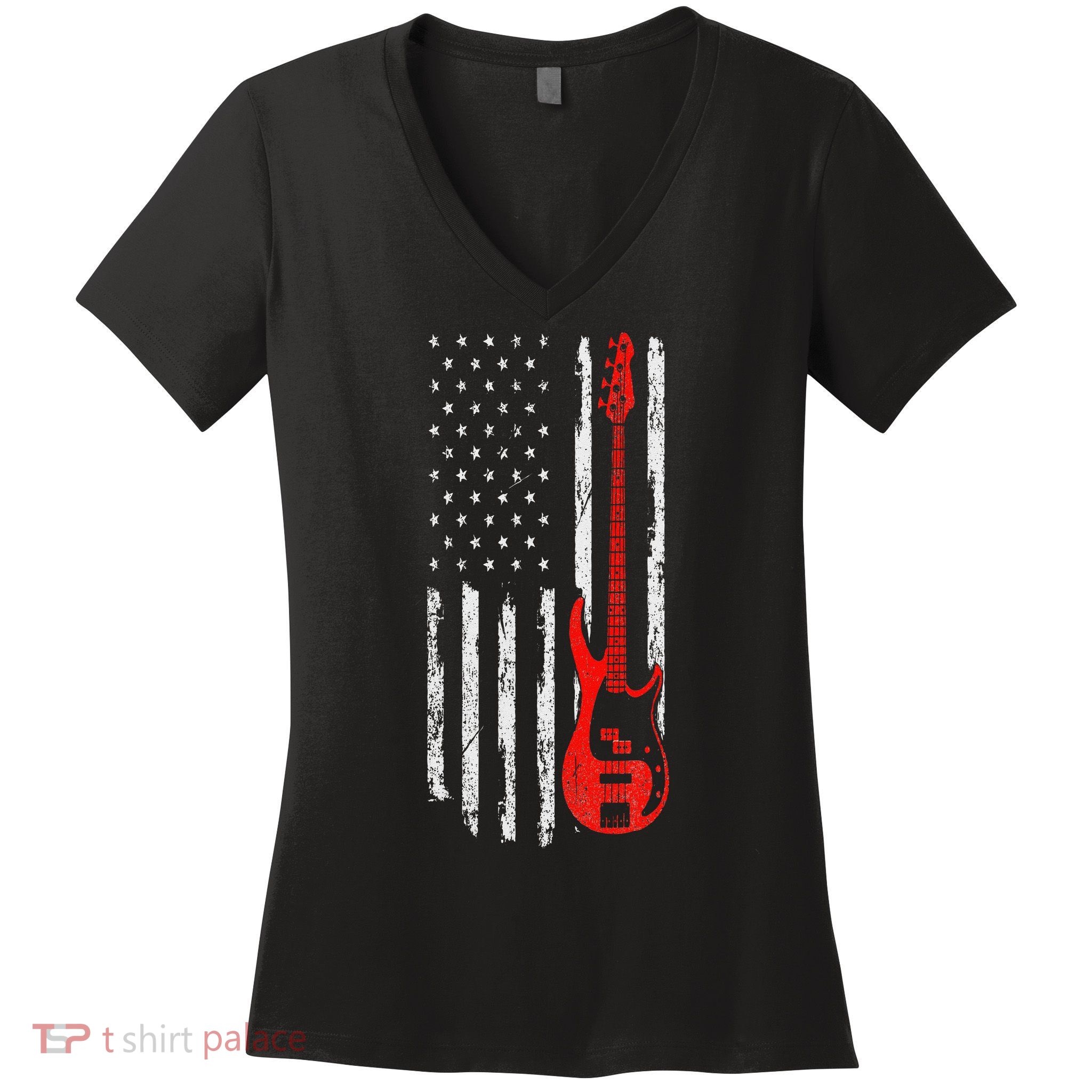 Bassist USA American Flag Bass Guitar Player Musician Women's V-Neck T-Shirt