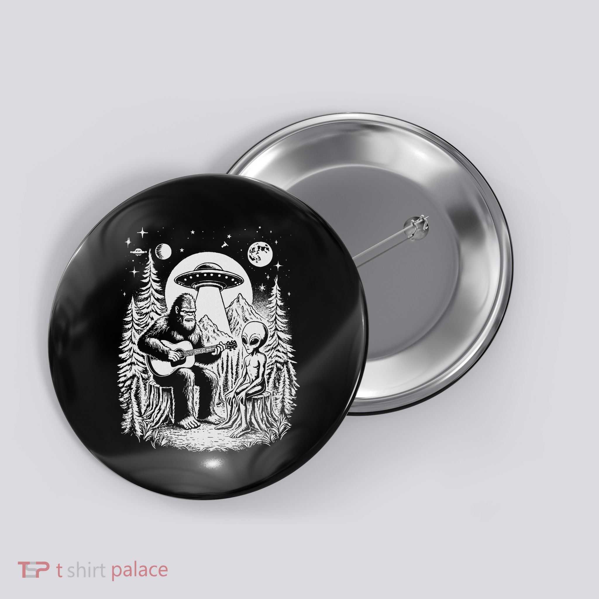Bigfoot Ufo Alien Around Campfire Nature Hiking Sasquatch Button