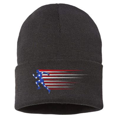 Best USA American Flag Track And Field Gift Team Sustainable Knit Beanie