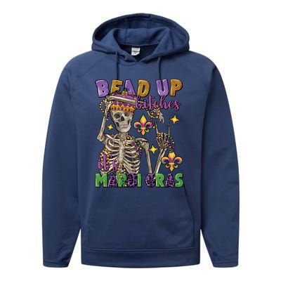 Bead Up Bitches Its Mardi Gras Skeleton Performance Fleece Hoodie