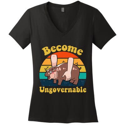 Become Ungovernable Baby Hippo Moo Deng Funny Meme Women's V-Neck T-Shirt