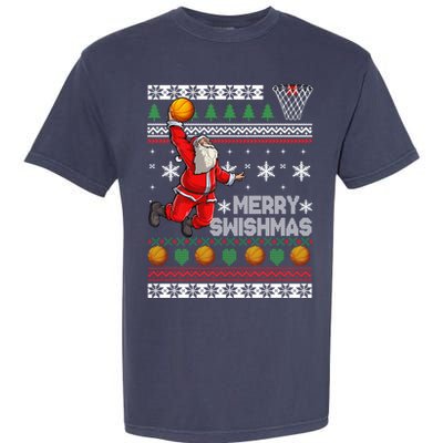Basketball Ugly Christmas Sweater Xmas Funny Dunking Santa Garment-Dyed Heavyweight T-Shirt