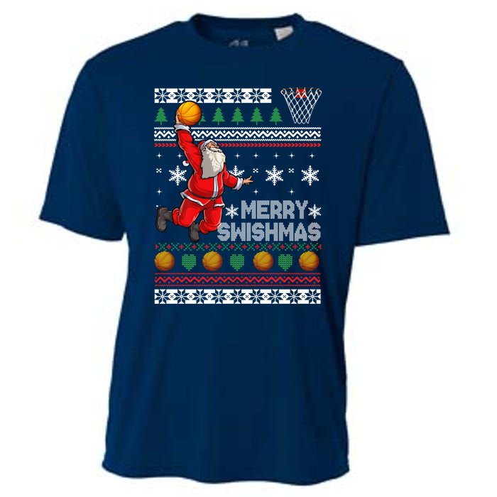 Basketball Ugly Christmas Sweater Xmas Funny Dunking Santa Cooling Performance Crew T-Shirt