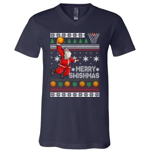 Basketball Ugly Christmas Sweater Xmas Funny Dunking Santa V-Neck T-Shirt