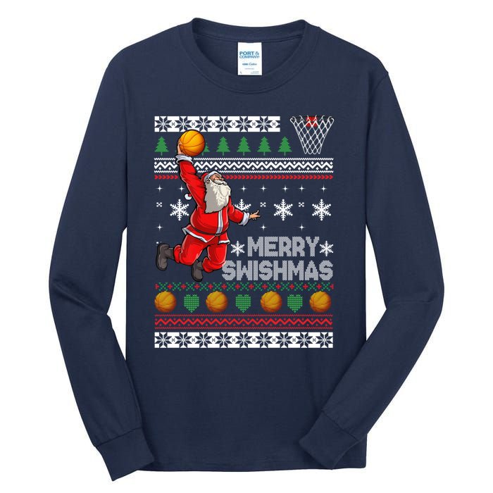 Basketball Ugly Christmas Sweater Xmas Funny Dunking Santa Tall Long Sleeve T-Shirt