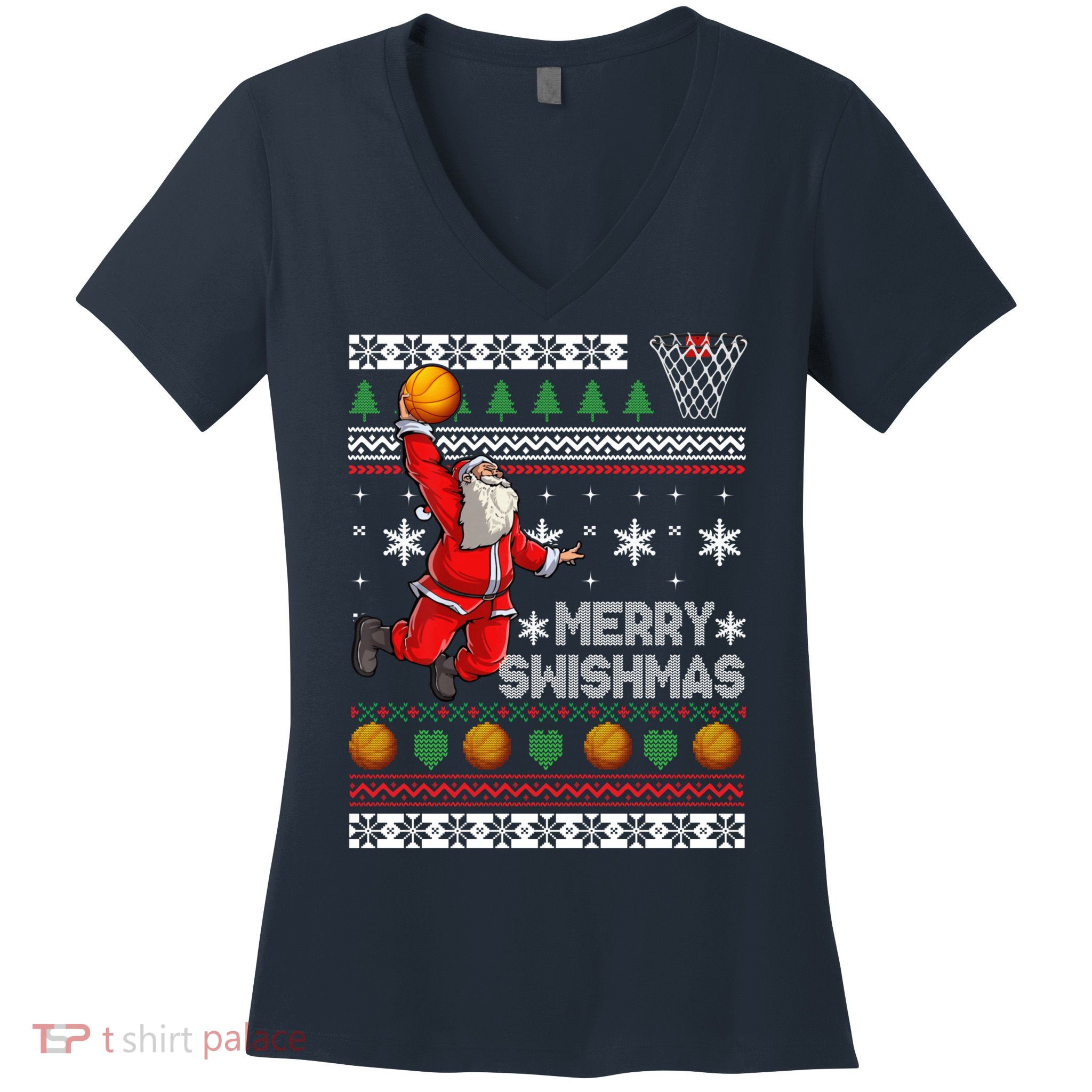 Basketball Ugly Christmas Sweater Xmas Funny Dunking Santa Women's V-Neck T-Shirt