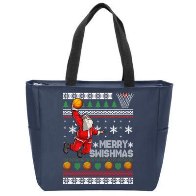 Basketball Ugly Christmas Sweater Xmas Funny Dunking Santa Zip Tote Bag