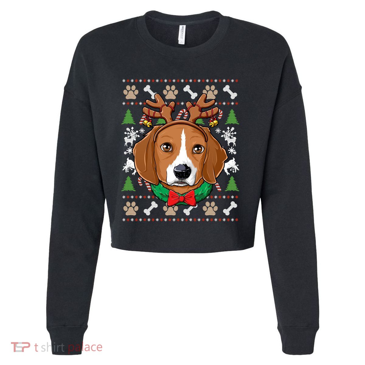 Beagle Ugly Christmas Reindeer Antlers Xmas Girls Gift Cropped Pullover Crew