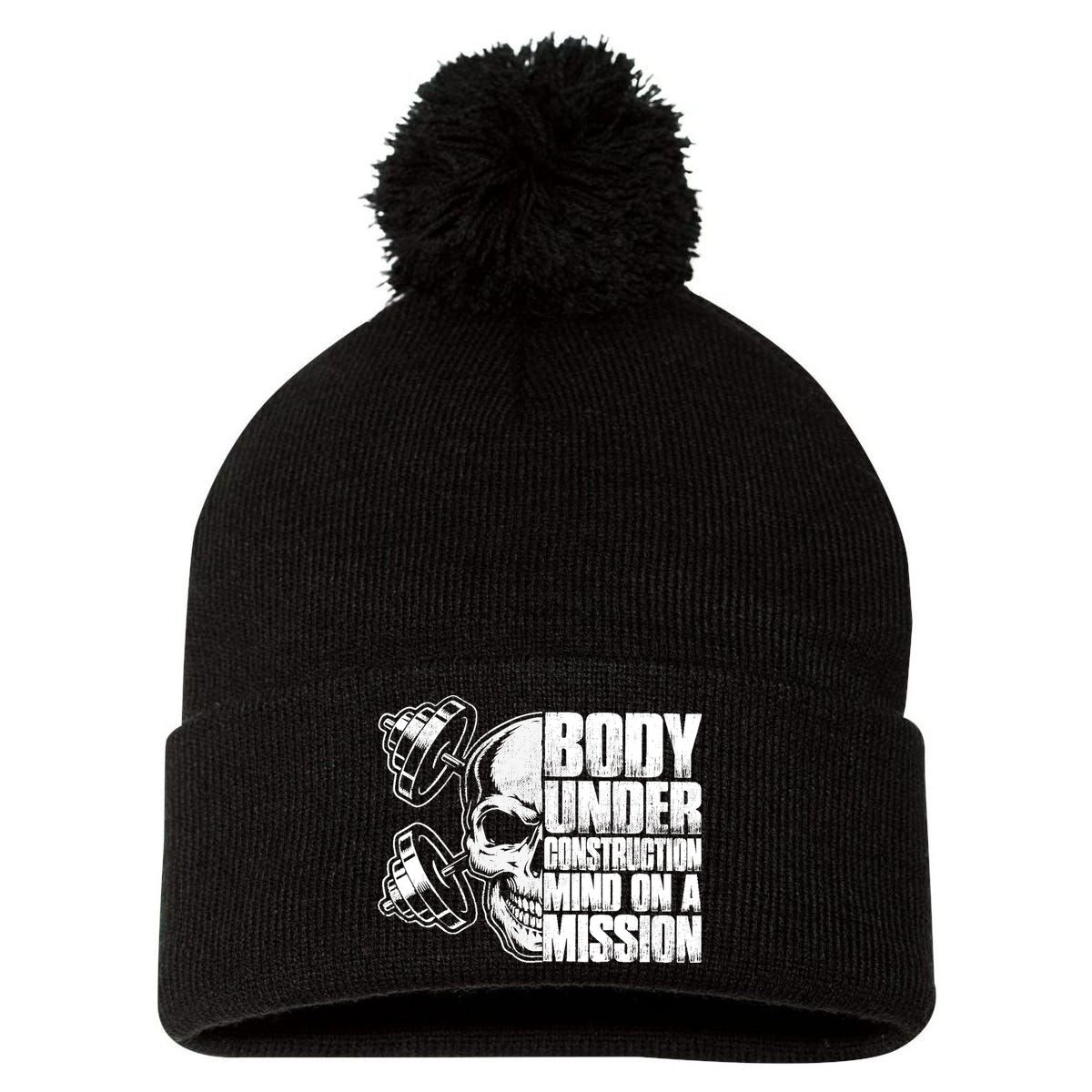 Body Under Construction Mind On A Mission Fitness Lovers Pom Pom 12in Knit Beanie