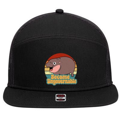 Become Ungovernable Cute Baby Hippo Moo Deng Funny Saying 7 Panel Mesh Trucker Snapback Hat