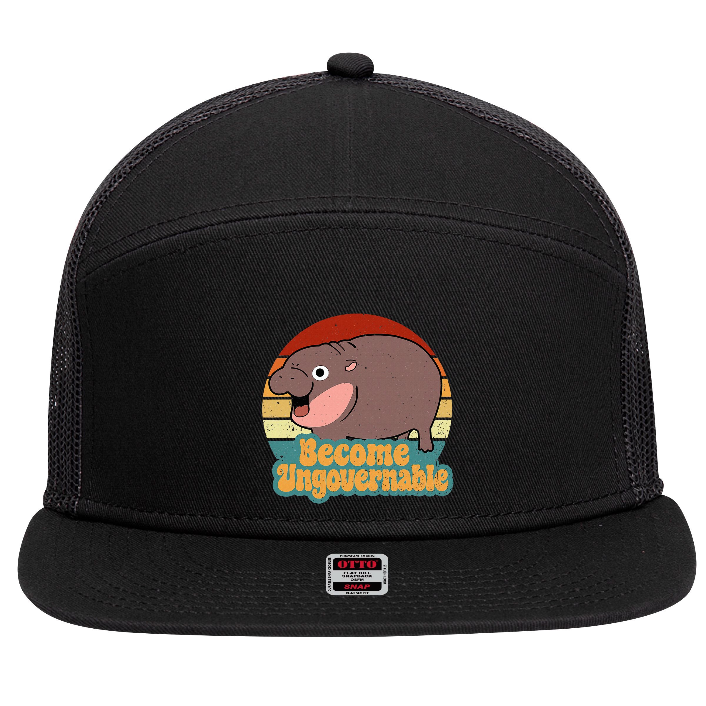 Become Ungovernable Cute Baby Hippo Moo Deng Funny Saying 7 Panel Mesh Trucker Snapback Hat