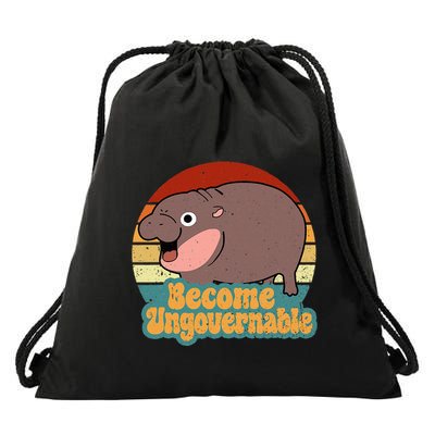 Become Ungovernable Cute Baby Hippo Moo Deng Funny Saying Drawstring Bag