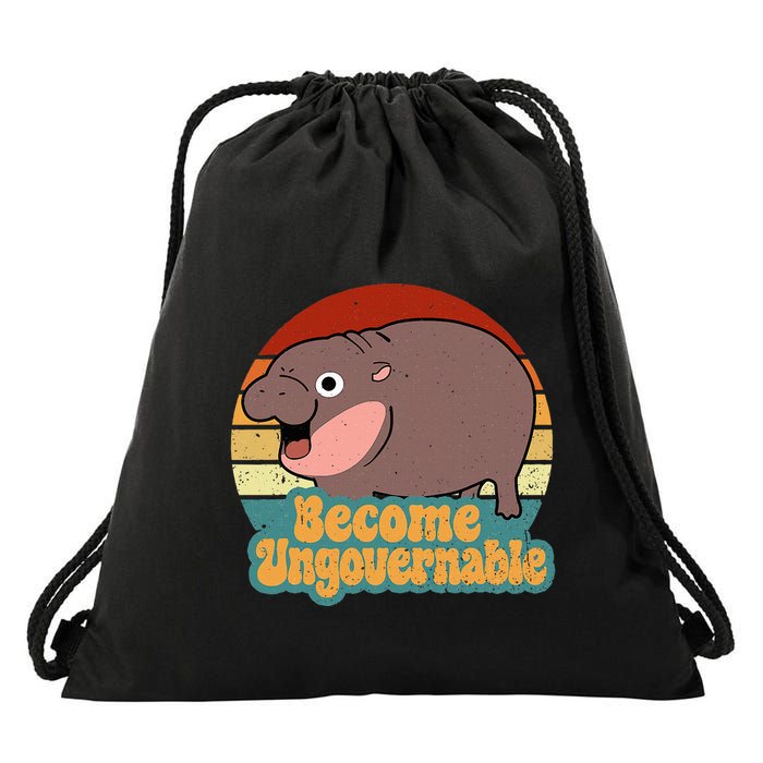 Become Ungovernable Cute Baby Hippo Moo Deng Funny Saying Drawstring Bag