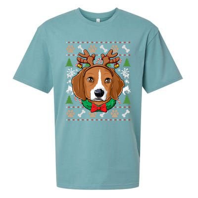 Beagle Ugly Christmas Reindeer Antlers Xmas Gift Sueded Cloud Jersey T-Shirt