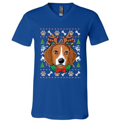 Beagle Ugly Christmas Reindeer Antlers Xmas Gift V-Neck T-Shirt