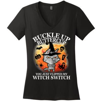Buckle Up Buttercup You Just Flipped My Witch Switch Halloween Cat Women's V-Neck T-Shirt