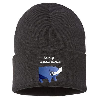 Become Ungovernable Funny Baby Hippo Moo Deng Funny Saying Sustainable Knit Beanie