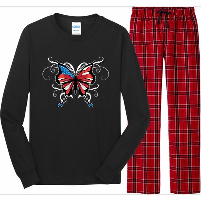 Butterfly Usa Flag Cute 4th Of July Funny American Gift Long Sleeve Pajama Set