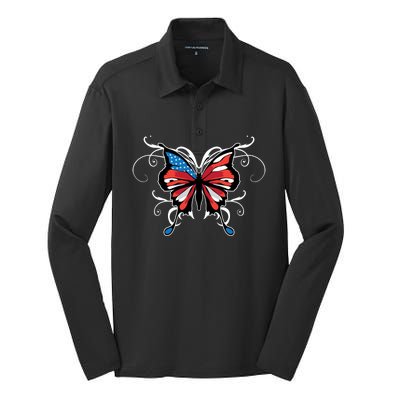 Butterfly Usa Flag Cute 4th Of July Funny American Gift Silk Touch Performance Long Sleeve Polo