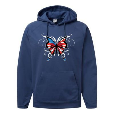 Butterfly Usa Flag Cute 4th Of July Funny American Gift Performance Fleece Hoodie