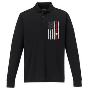 Baseball Usa Flag Ball And Bat Play Ball Softball Baseball Performance Long Sleeve Polo