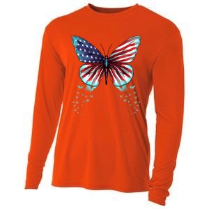 Butterfly Usa Flag Cute 4th Of July Funny American Gift Cooling Performance Long Sleeve Crew