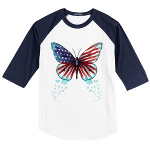 Butterfly Usa Flag Cute 4th Of July Funny American Gift Baseball Sleeve Shirt