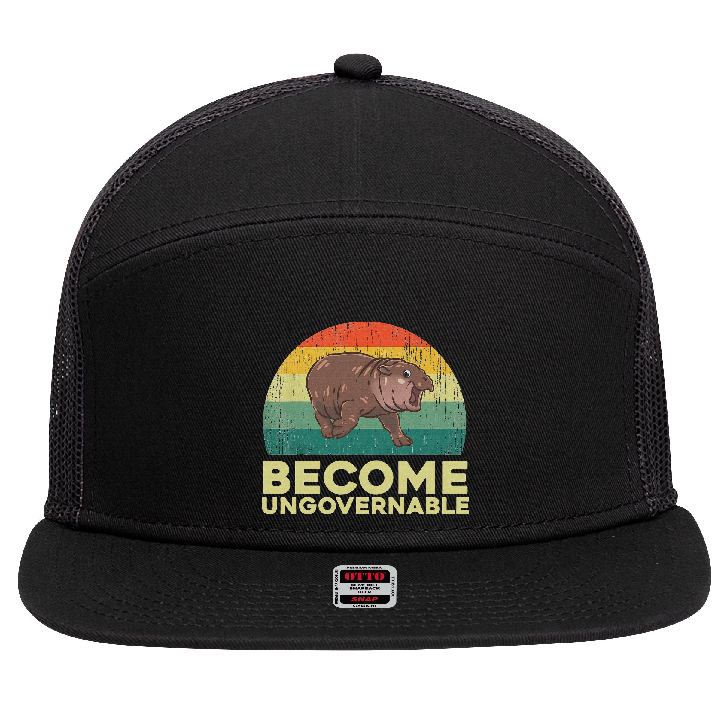 Become Ungovernable Funny Baby Hippo Moo Deng Funny Saying 7 Panel Mesh Trucker Snapback Hat
