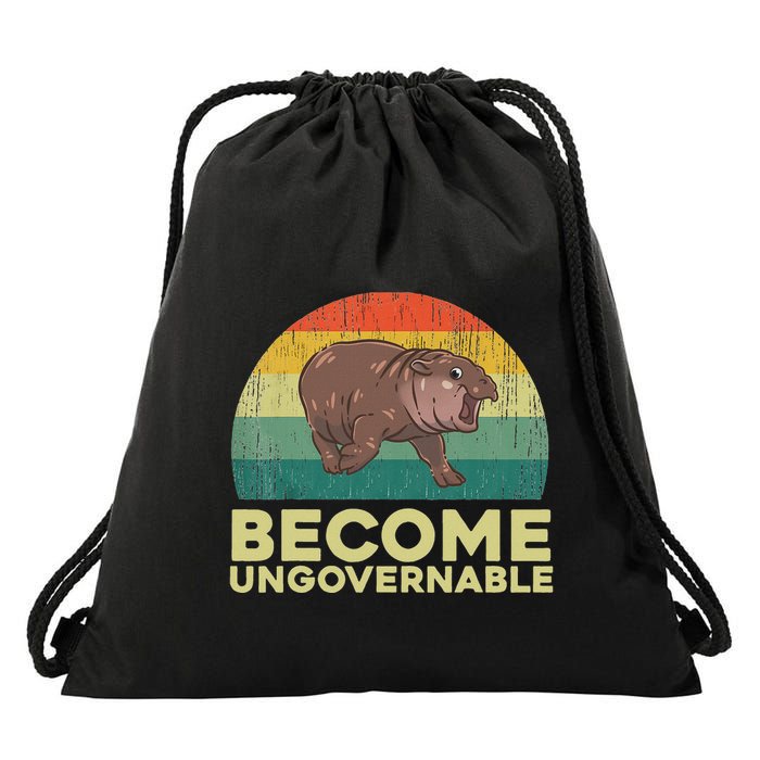 Become Ungovernable Funny Baby Hippo Moo Deng Funny Saying Drawstring Bag