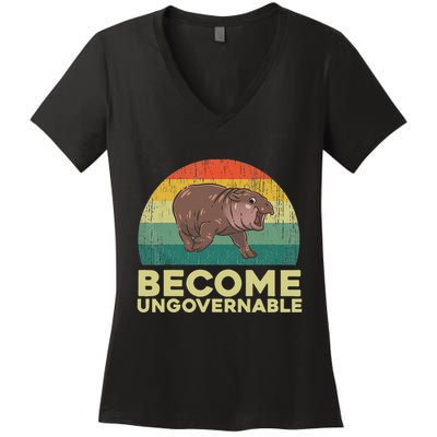 Become Ungovernable Funny Baby Hippo Moo Deng Funny Saying Women's V-Neck T-Shirt
