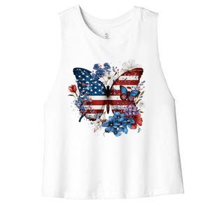 Butterfly Usa Flag Retro Daisy Flowers 4th Of July Patriotic Gift Women's Racerback Cropped Tank