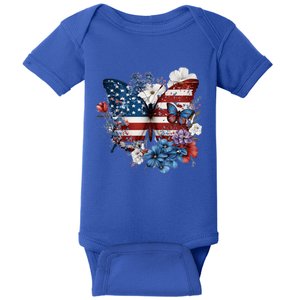 Butterfly Usa Flag Retro Daisy Flowers 4th Of July Patriotic Gift Baby Bodysuit