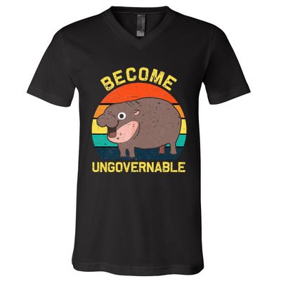 Become Ungovernable Funny Baby Hippo Moo Deng Funny Saying V-Neck T-Shirt