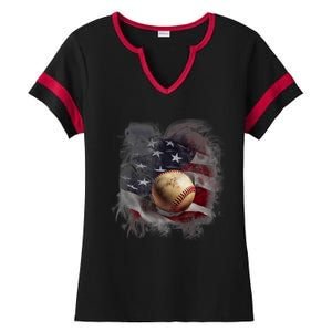 Baseball Usa Flag Ladies Halftime Notch Neck Tee