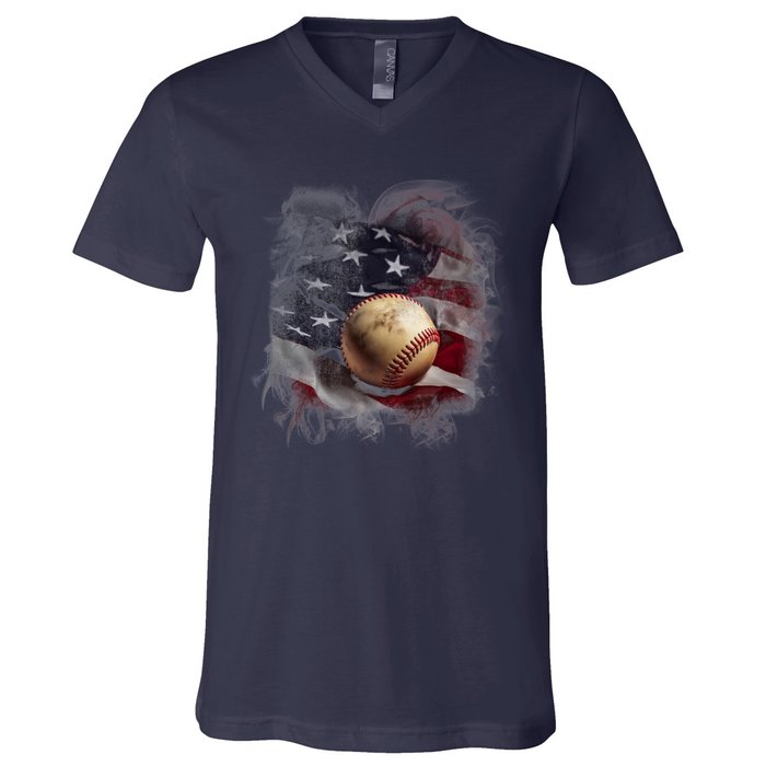 Baseball Usa Flag V-Neck T-Shirt