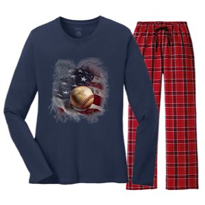 Baseball Usa Flag Women's Long Sleeve Flannel Pajama Set 