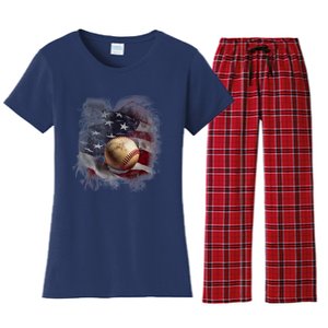 Baseball Usa Flag Women's Flannel Pajama Set