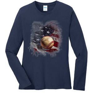 Baseball Usa Flag Ladies Long Sleeve Shirt