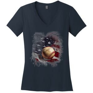 Baseball Usa Flag Women's V-Neck T-Shirt