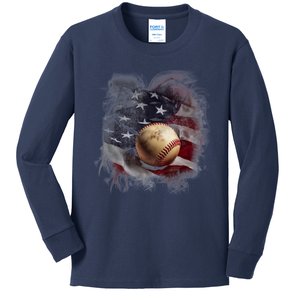 Baseball Usa Flag Kids Long Sleeve Shirt