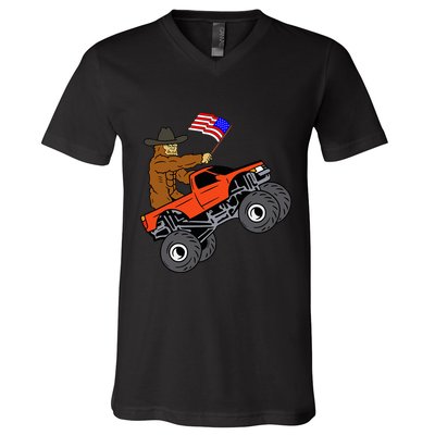 Bigfoot Usa Flag Monster Truck V-Neck T-Shirt
