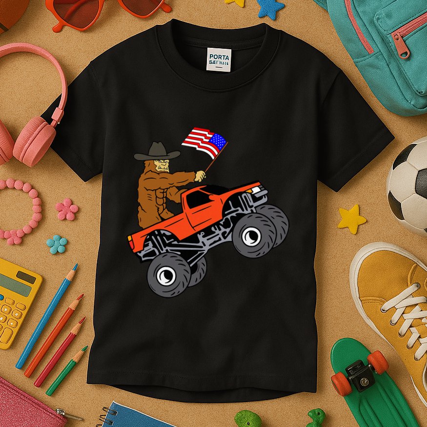 Bigfoot Usa Flag Monster Truck Kids T-Shirt