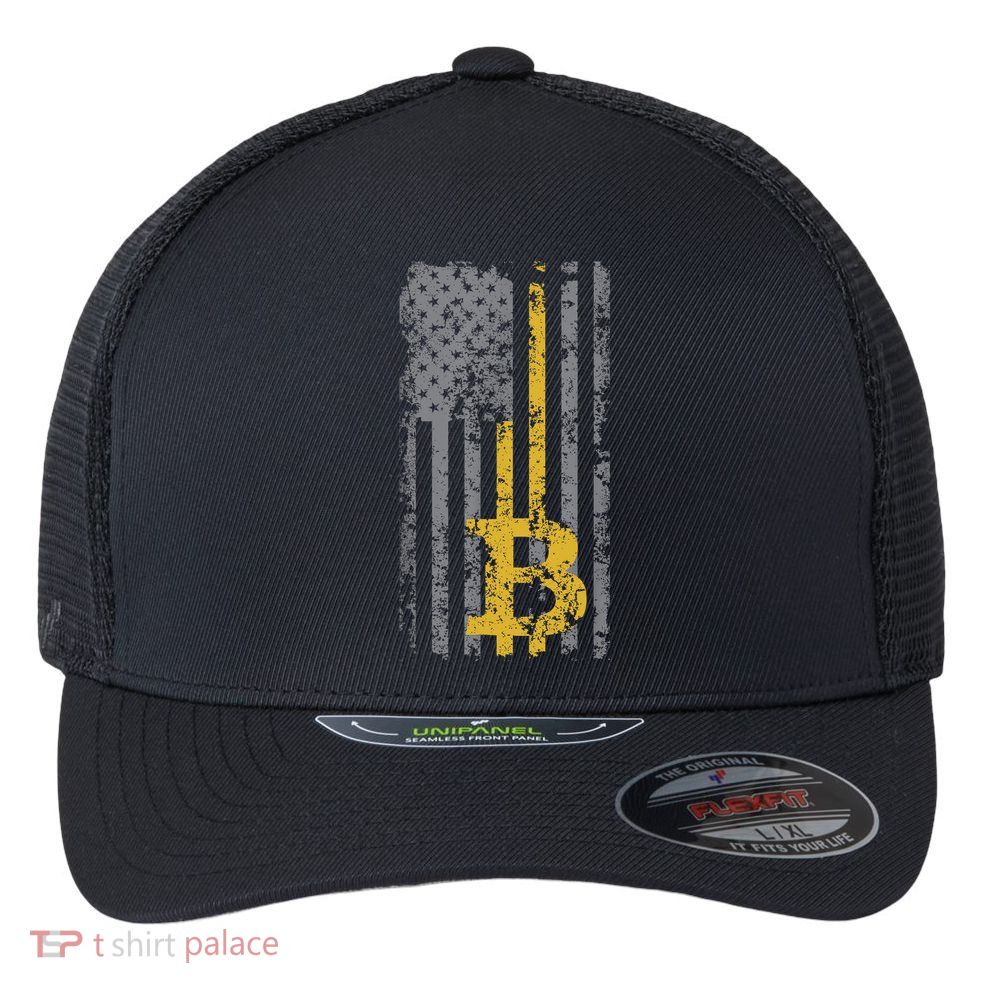 Bitcoin USA Flag Distressed Digital Currency Lover Flexfit Unipanel Trucker Cap
