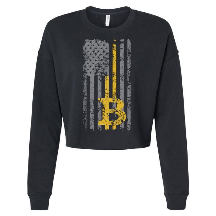 Bitcoin USA Flag Distressed Digital Currency Lover Cropped Pullover Crew