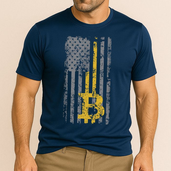 Bitcoin USA Flag Distressed Digital Currency Lover Performance Shirt
